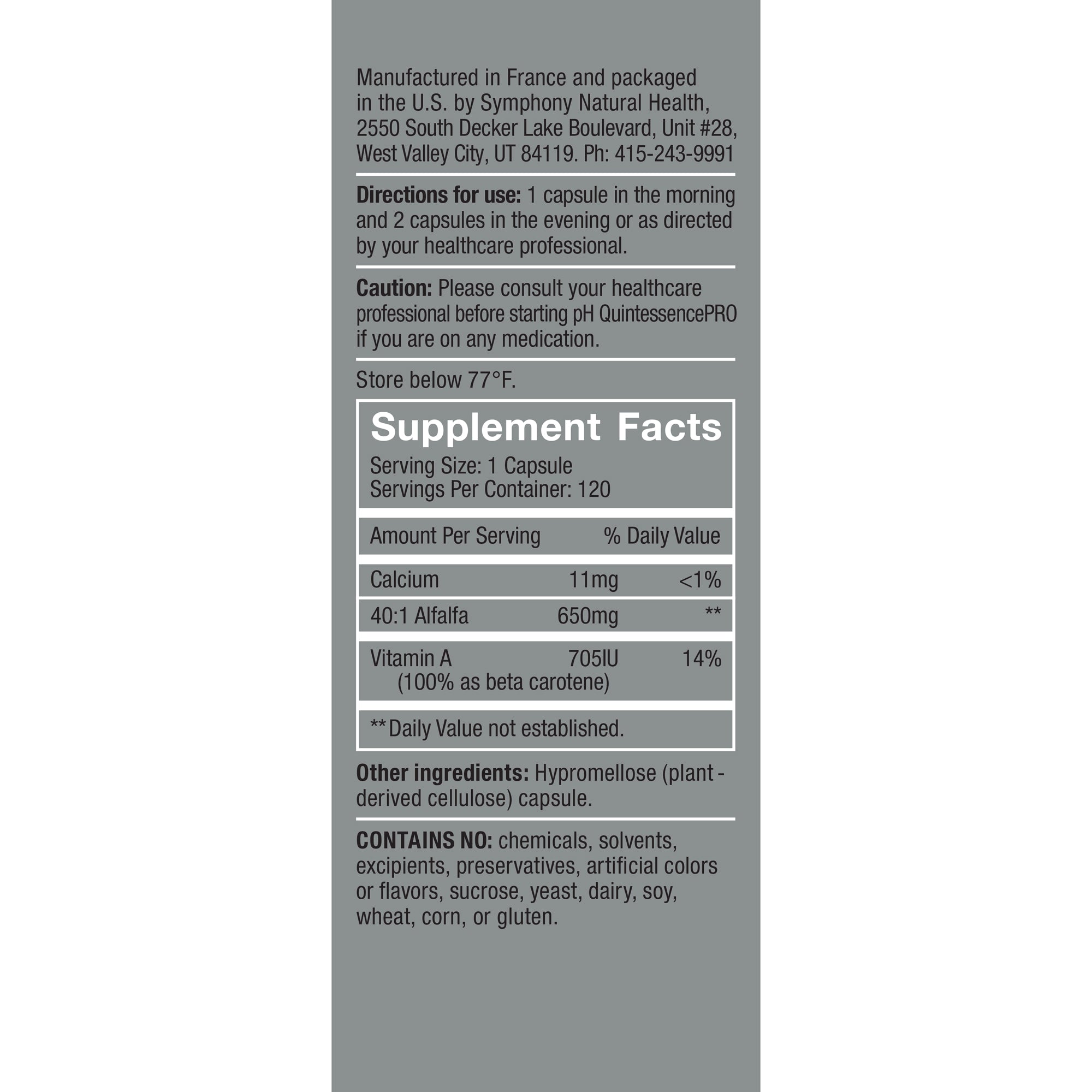 pH QuintessencePRO Supplement Facts, Serving Size: 1 Capsule, Servings Per container: 120